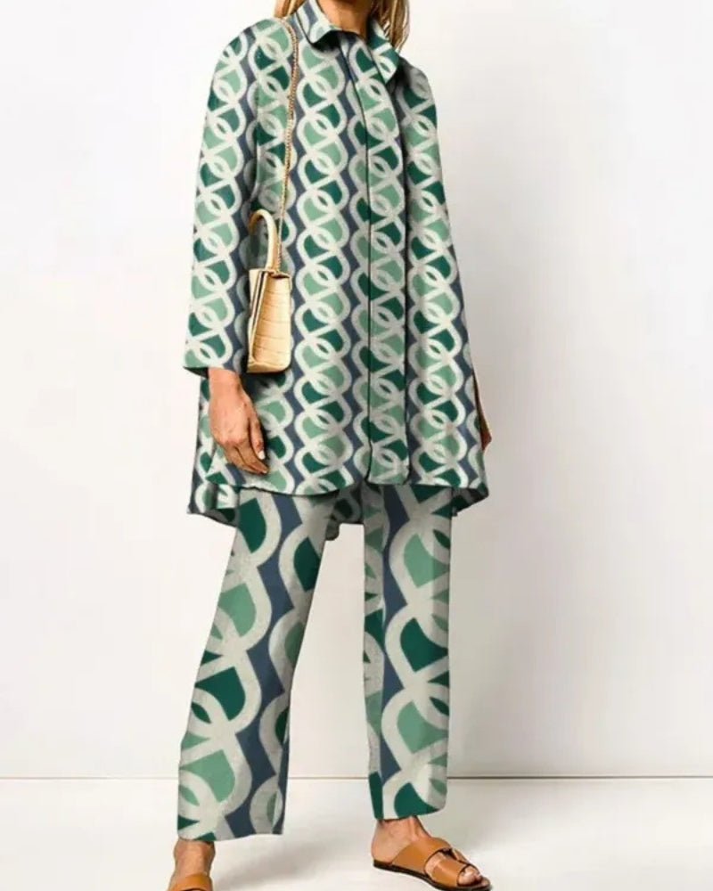 Dame jakkesæt - lang top og bukser med retro mønster