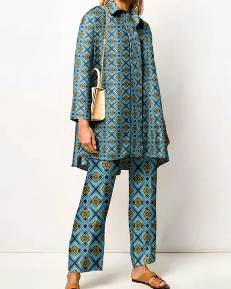 Dame jakkesæt - lang top og bukser med retro mønster