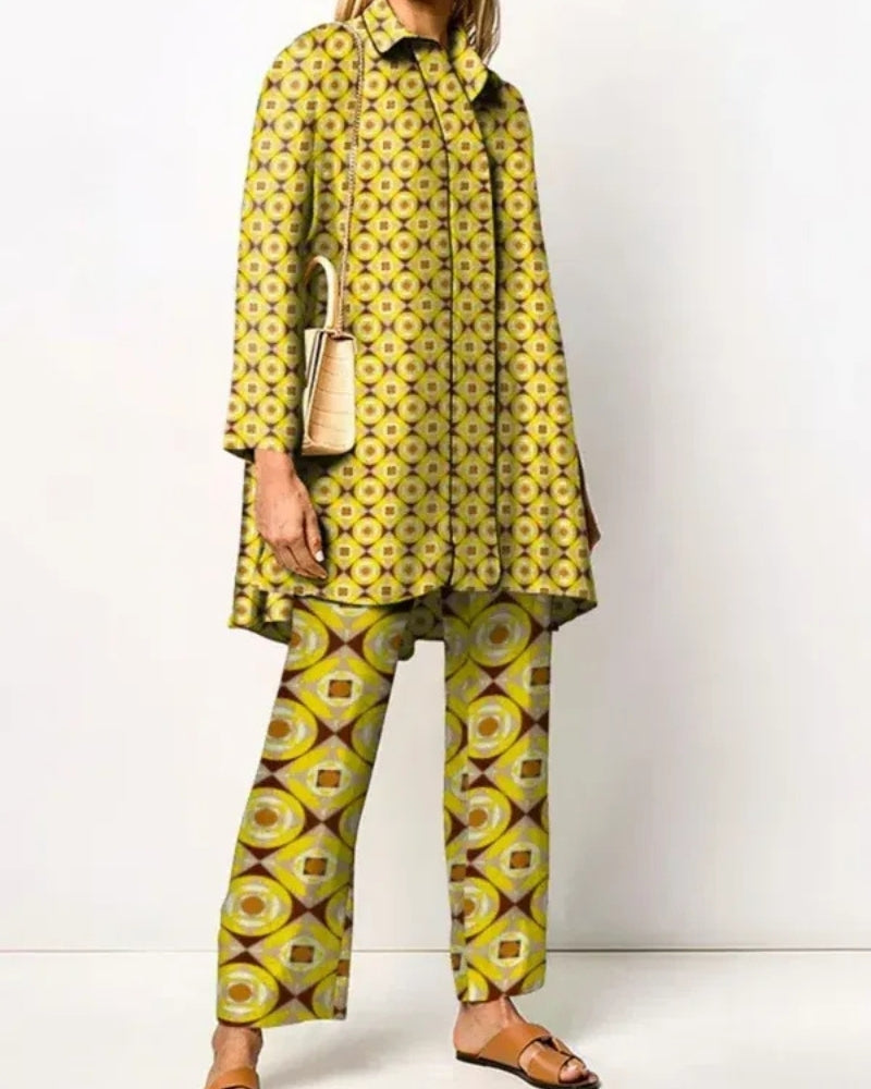 Dame jakkesæt - lang top og bukser med retro mønster