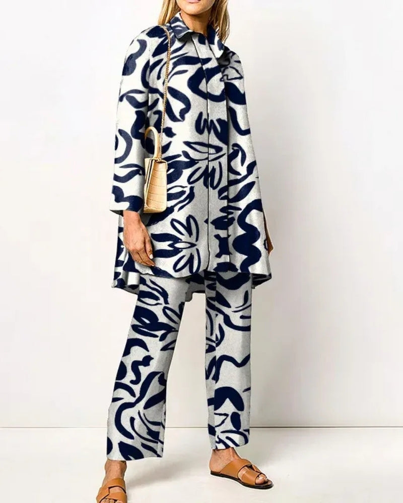Dame jakkesæt - lang top og bukser med retro mønster
