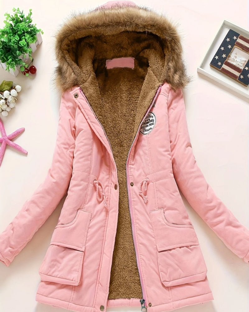 Dameparka – Klassisk Lang Vinterjakke i Ensfarvet Stil