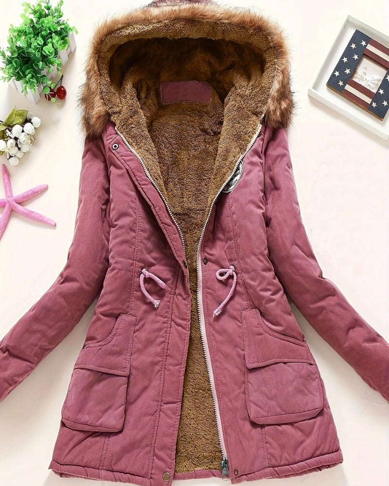 Dameparka – Klassisk Lang Vinterjakke i Ensfarvet Stil