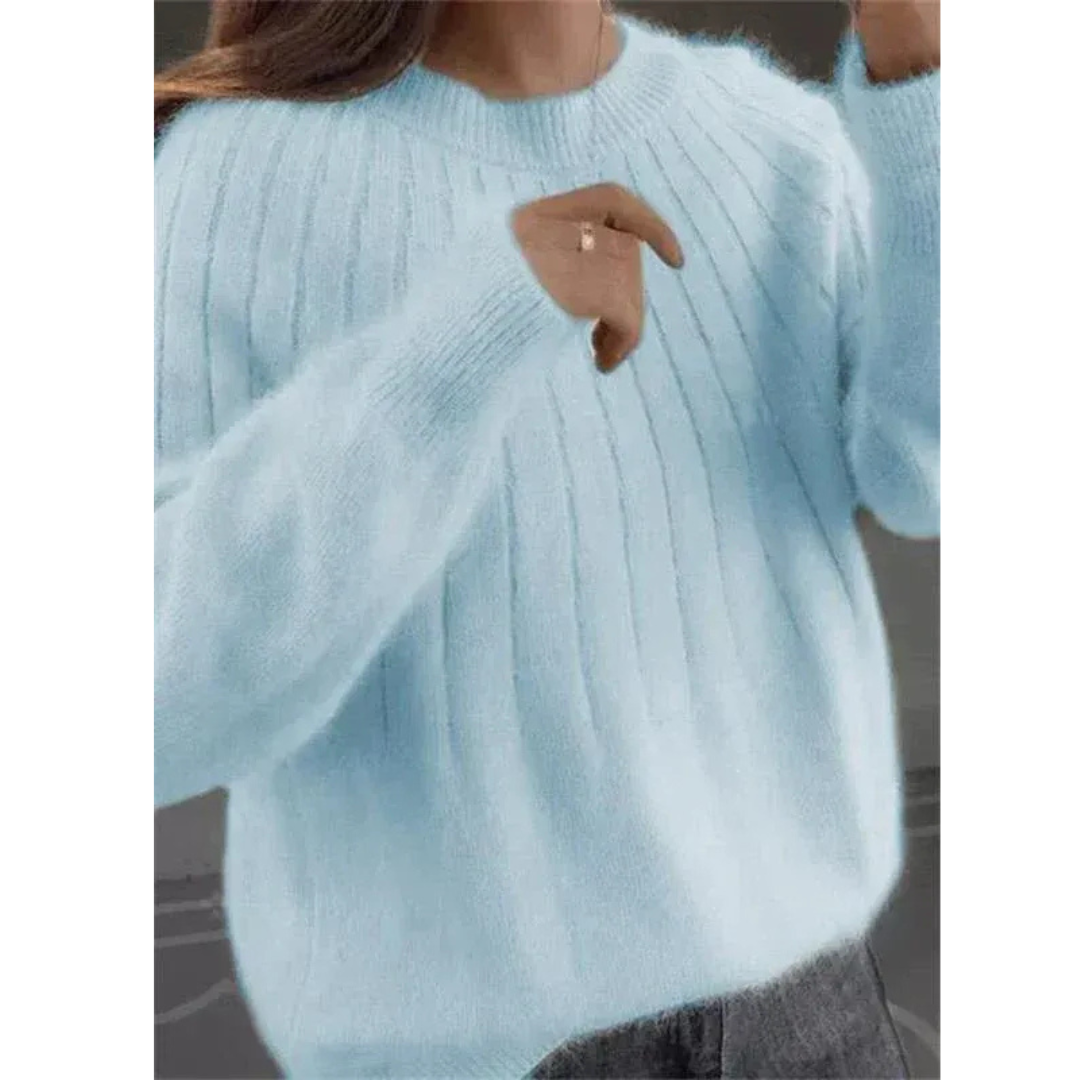 Damepullover – Elastisk strikpullover med rund halsudskæring og løs pasform