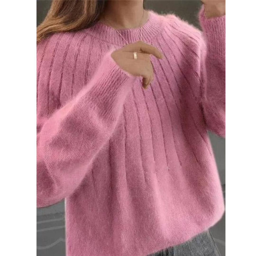 Damepullover – Elastisk strikpullover med rund halsudskæring og løs pasform