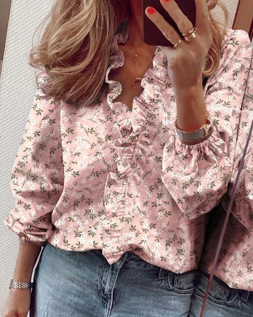Sofia | Elegant Blus med V-ringning och Rynkad Detalj