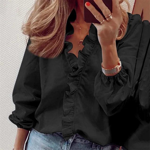 Sofia | Elegant Blus med V-ringning och Rynkad Detalj