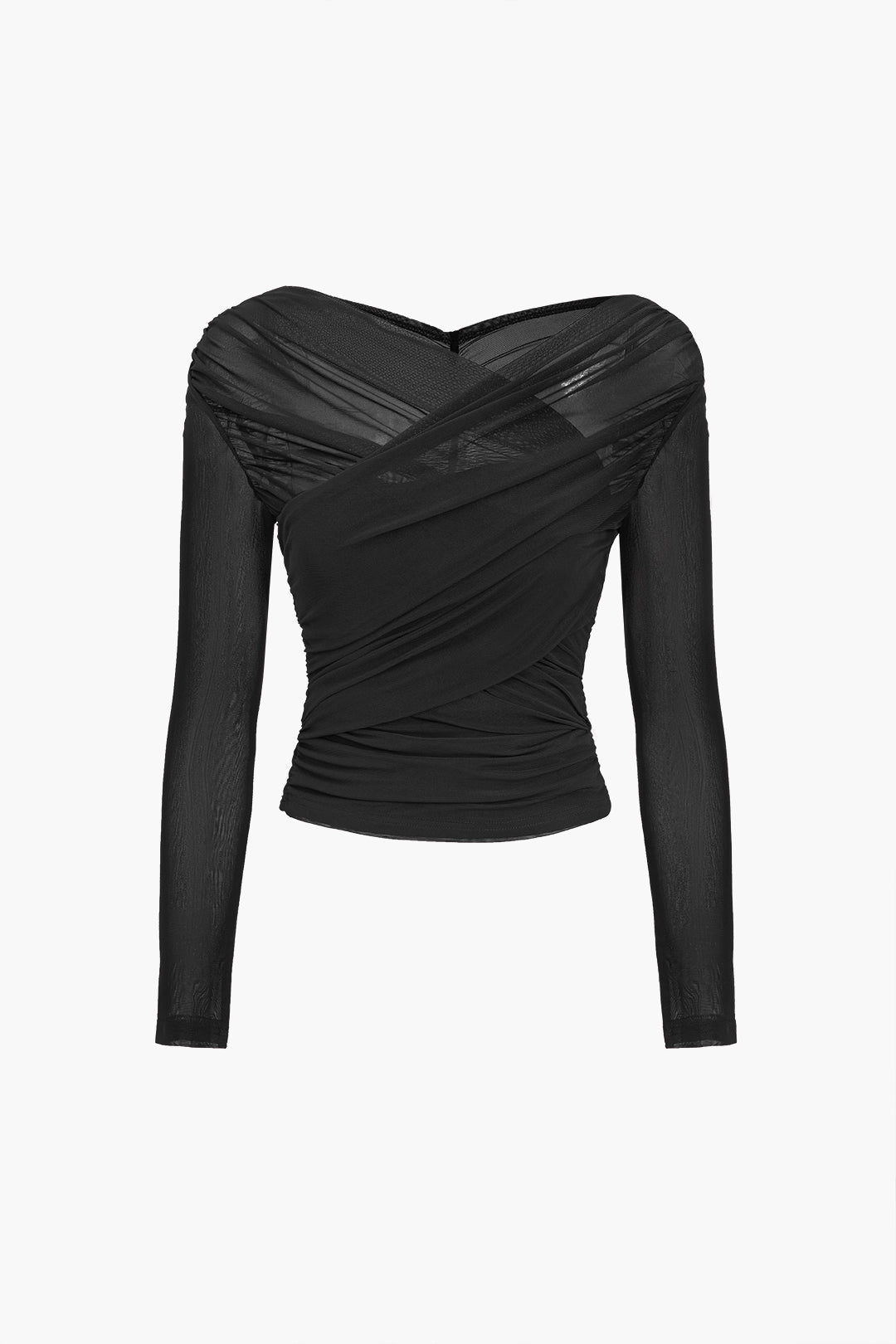Mira | Elegant Mesh-Top med Rynkor och Långa Ärmar