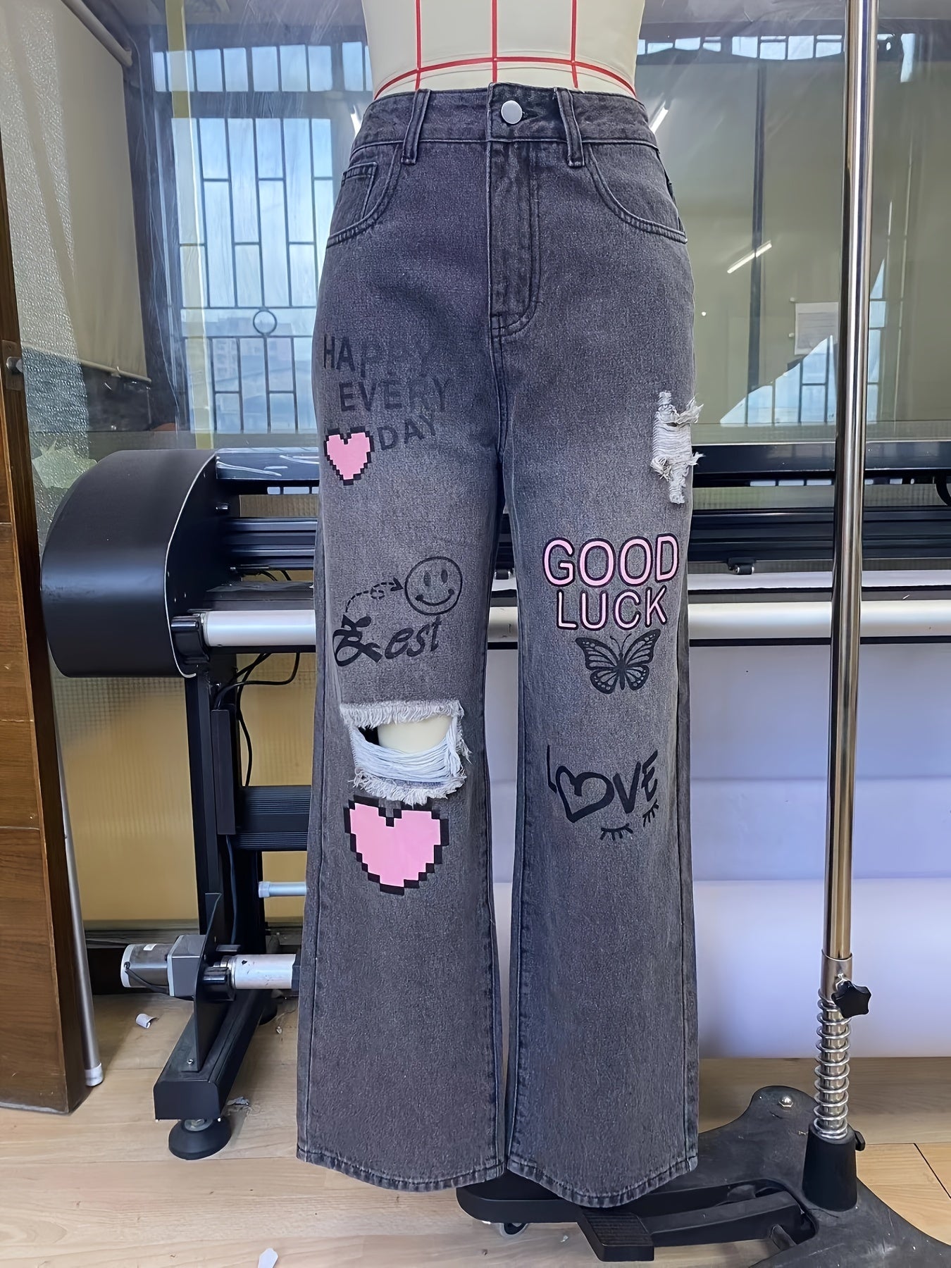 Moderne Kunstneriske Højtaljede Denim Bukser