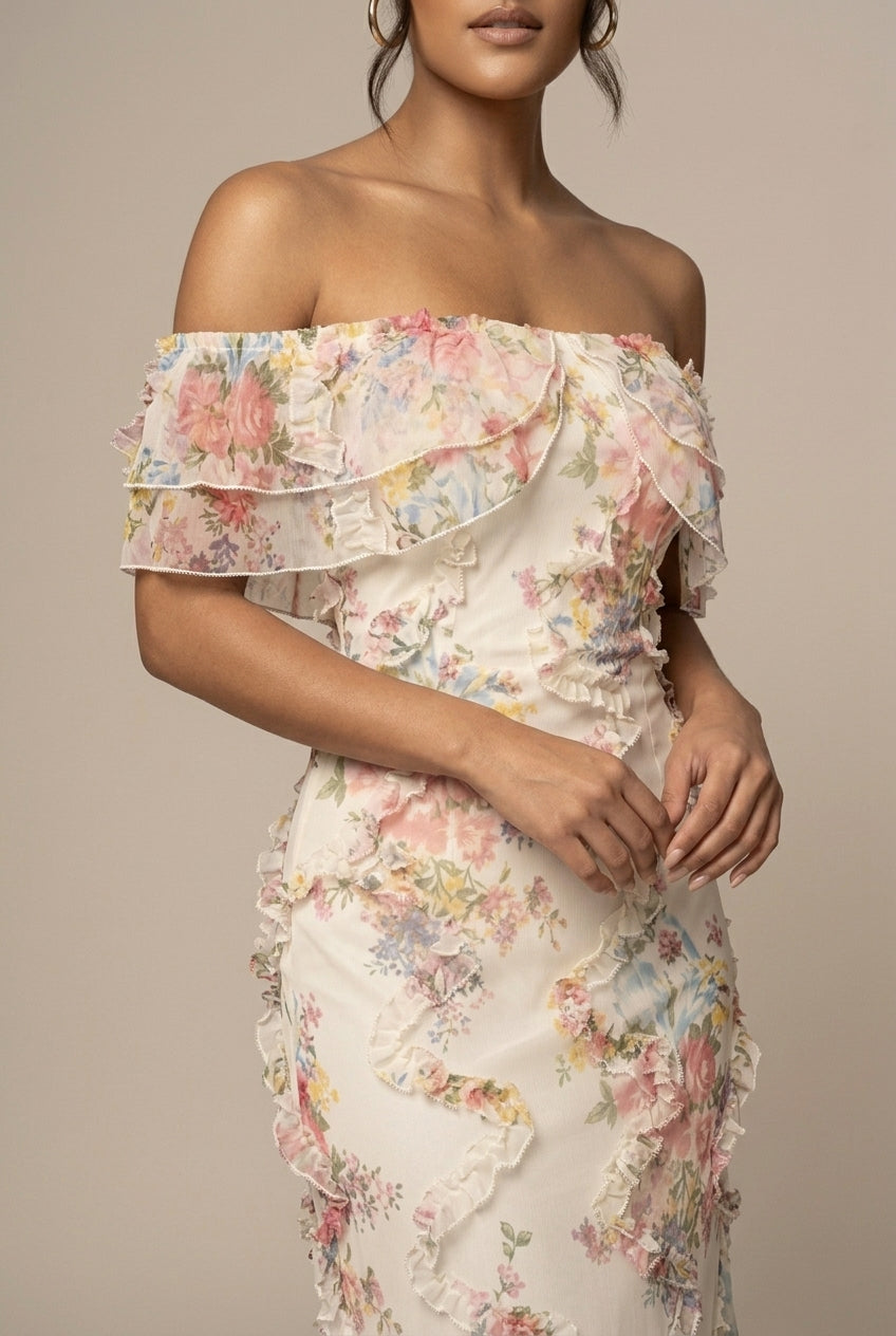 Blommig Maxiklänning för Dam med Off Shoulder-design