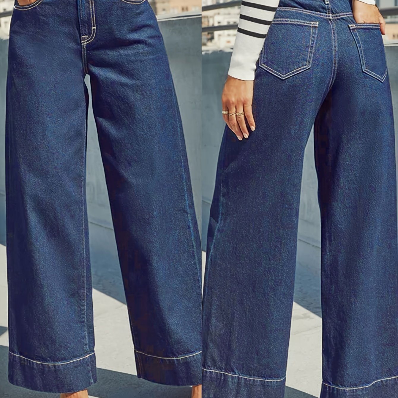 Højtaljede Løse Denim-Jeans med Omslået Kant