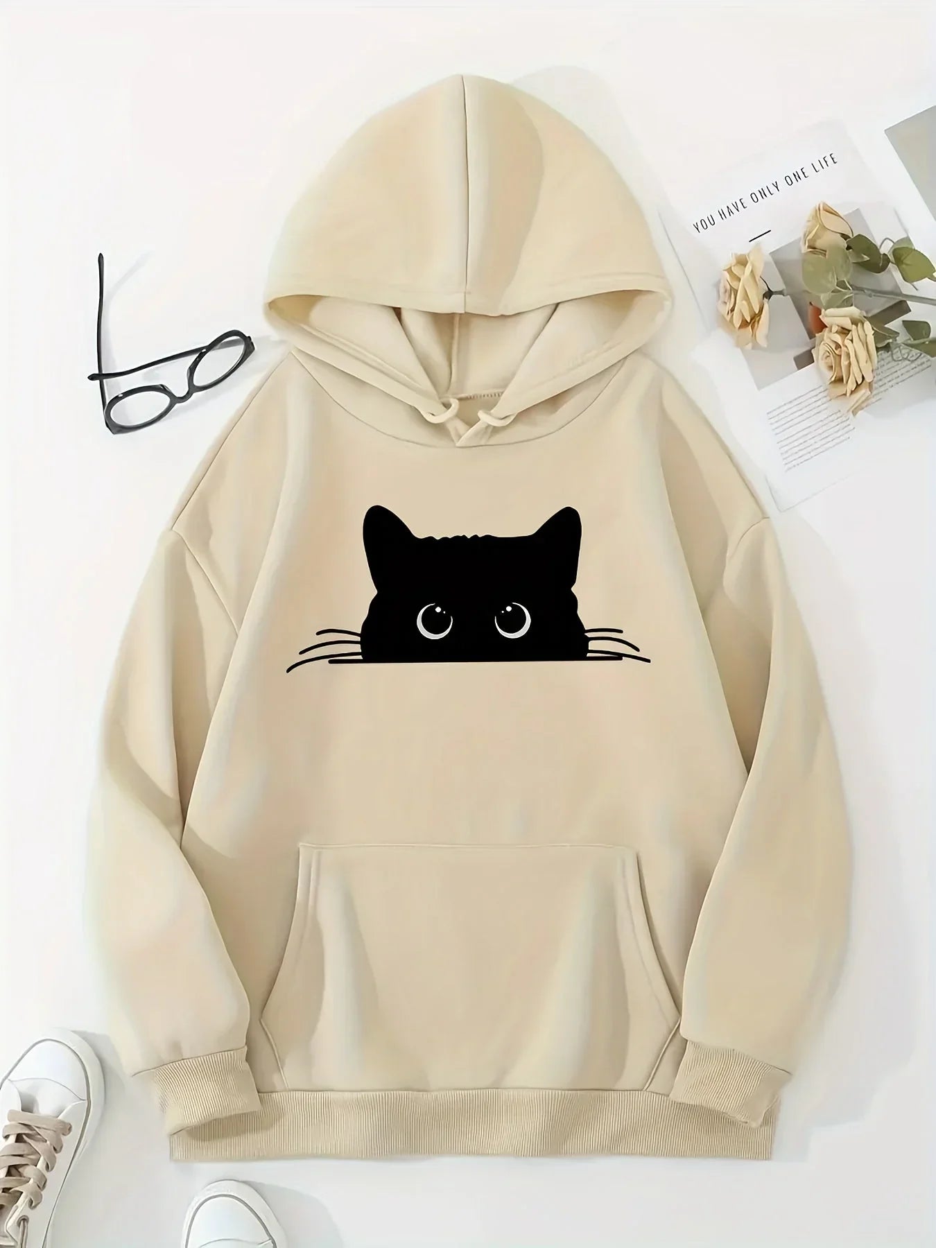Bella - hoodie med katteprint og hætte