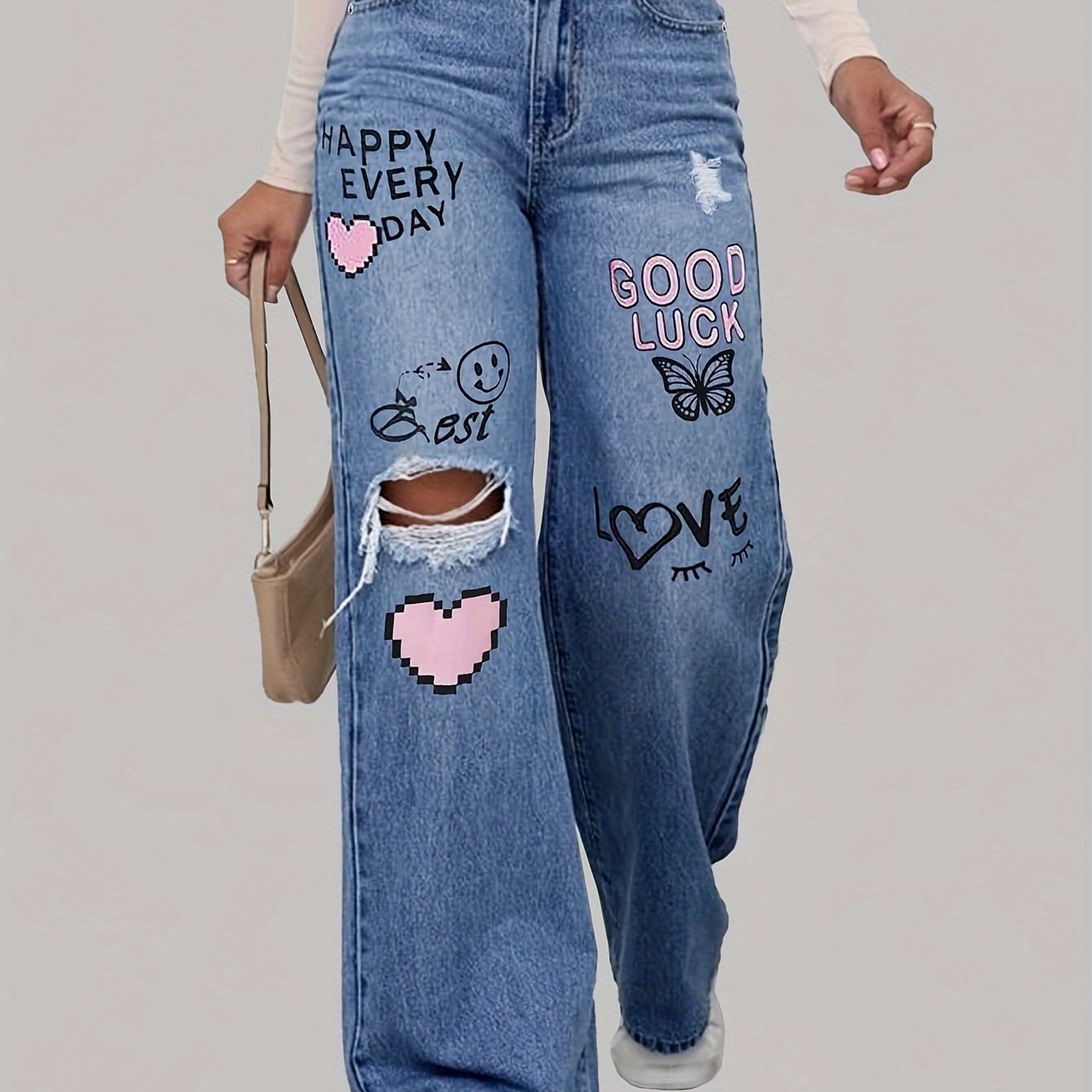 Moderne Kunstneriske Højtaljede Denim Bukser