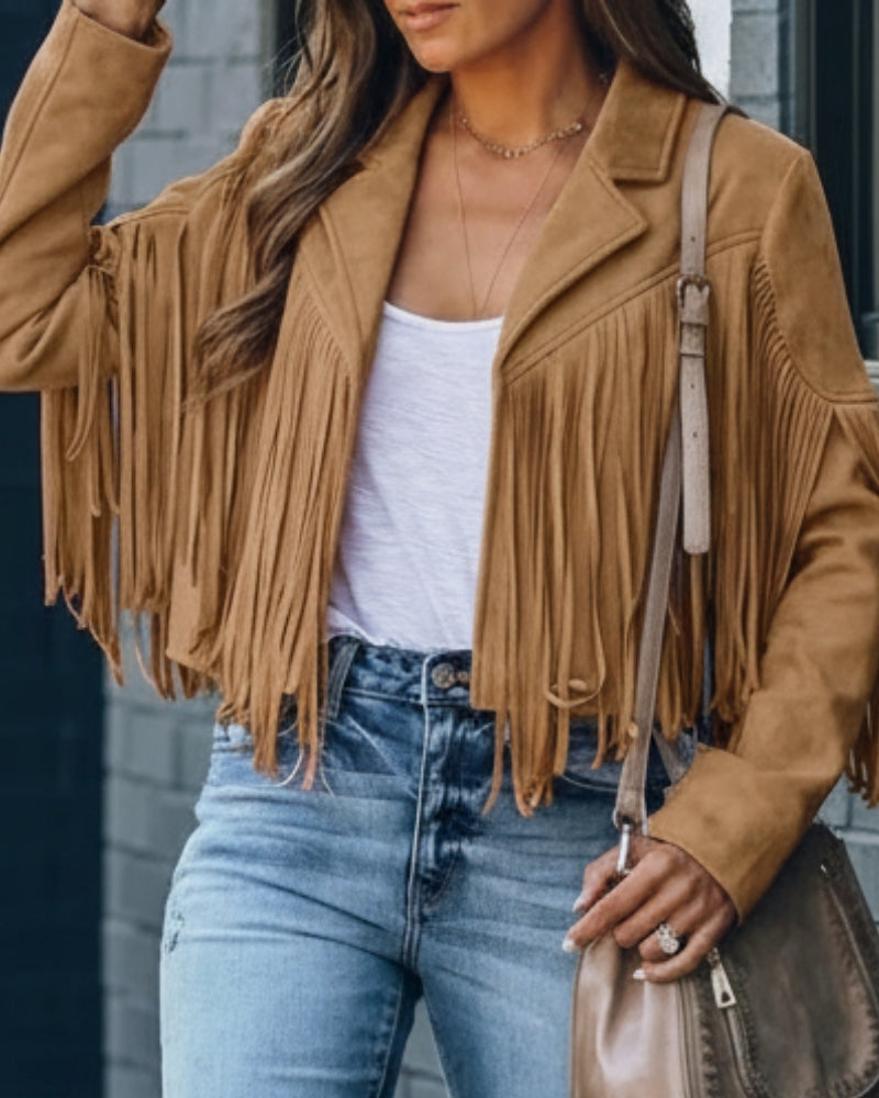 Fringed vinterjakke dame – Kort Boho frakke med reverskrave og moderne stil