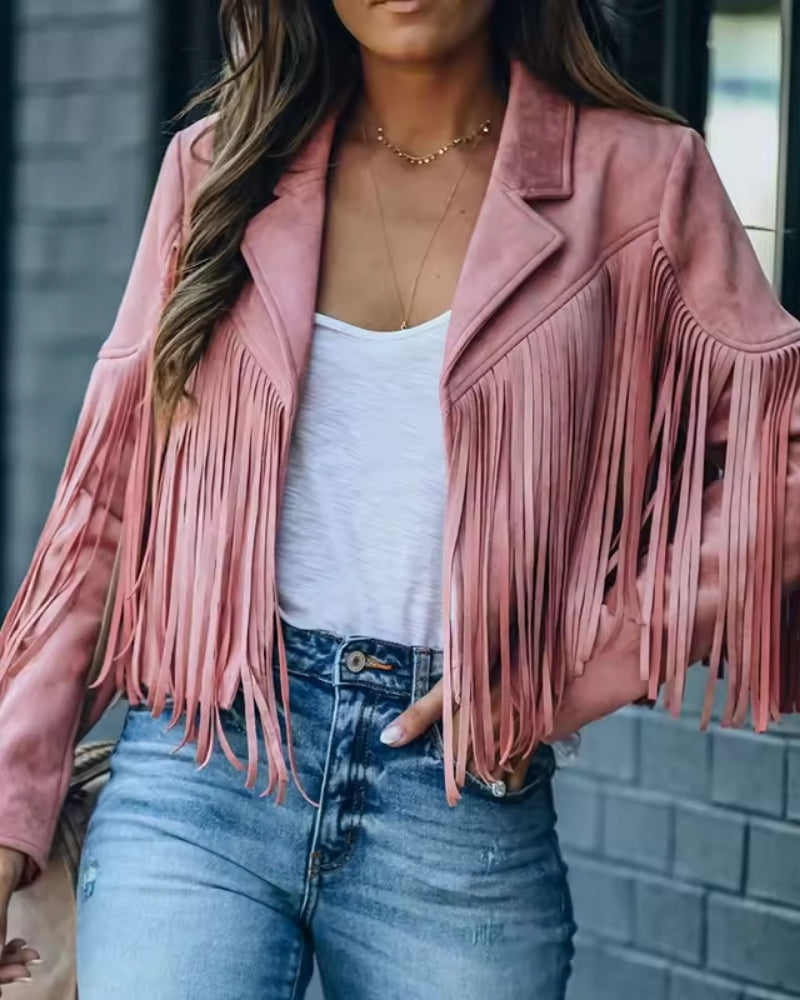 Fringed vinterjakke dame – Kort Boho frakke med reverskrave og moderne stil