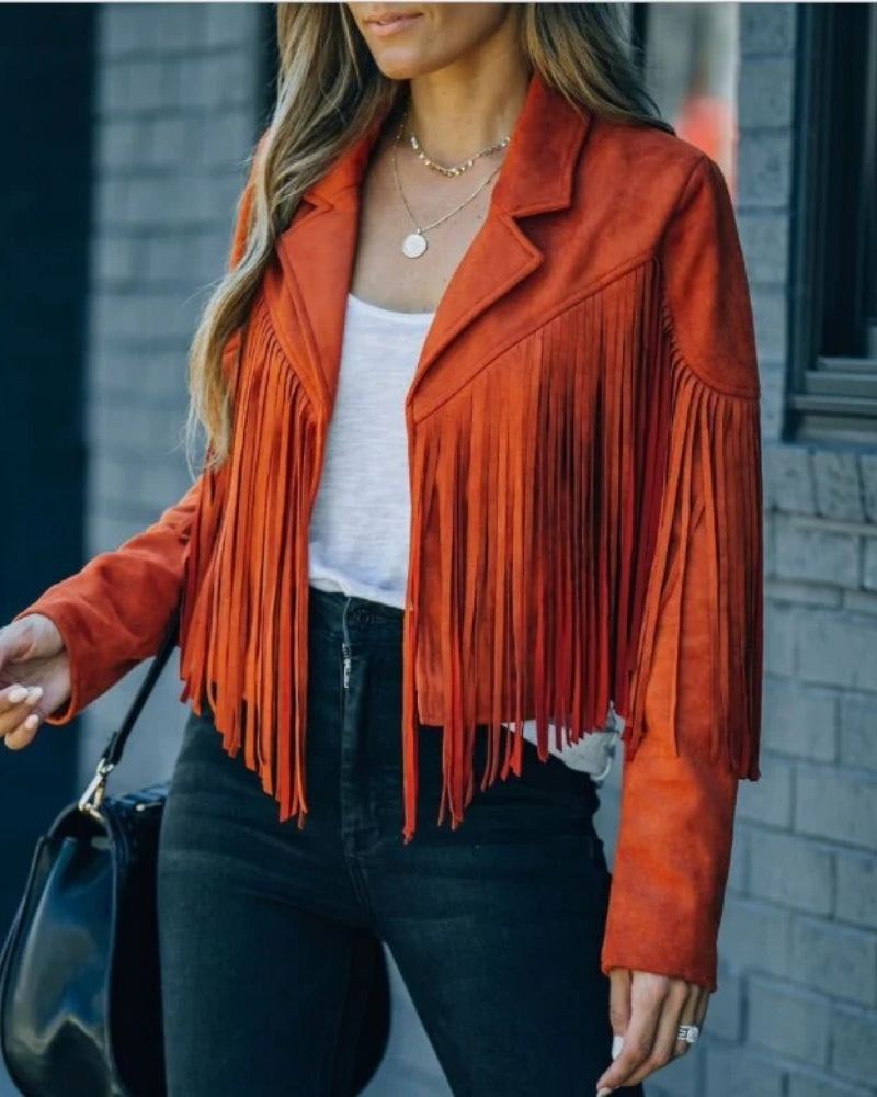 Fringed vinterjakke dame – Kort Boho frakke med reverskrave og moderne stil
