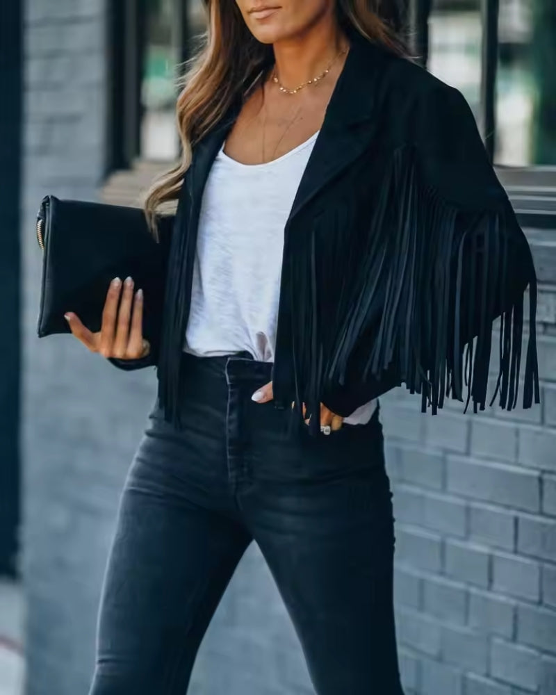 Fringed vinterjakke dame – Kort Boho frakke med reverskrave og moderne stil