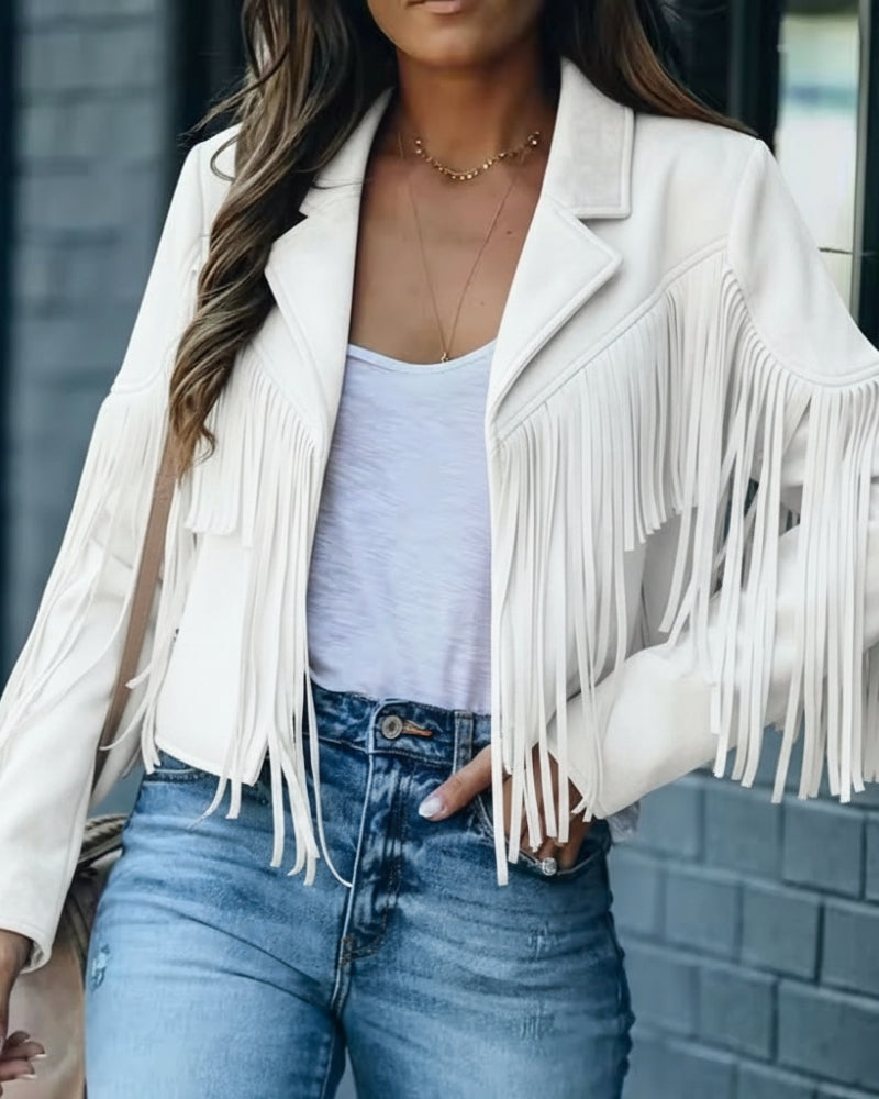 Fringed vinterjakke dame – Kort Boho frakke med reverskrave og moderne stil