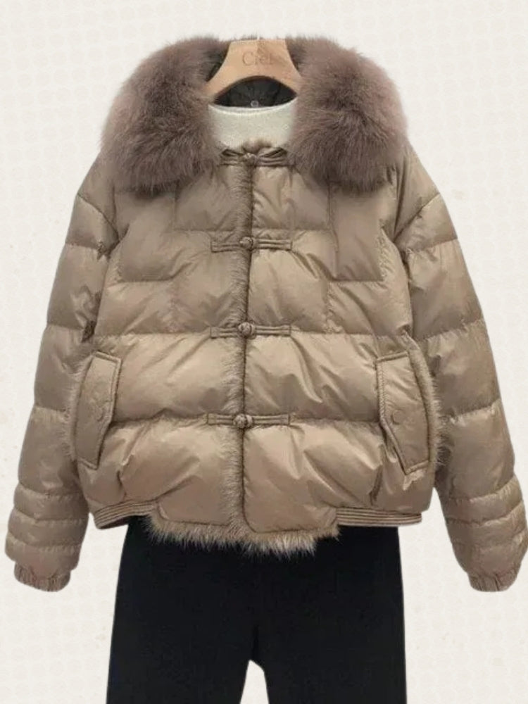 Quilted Puffer Vinterjacka – Glänsande Damjacka med Pälskrage