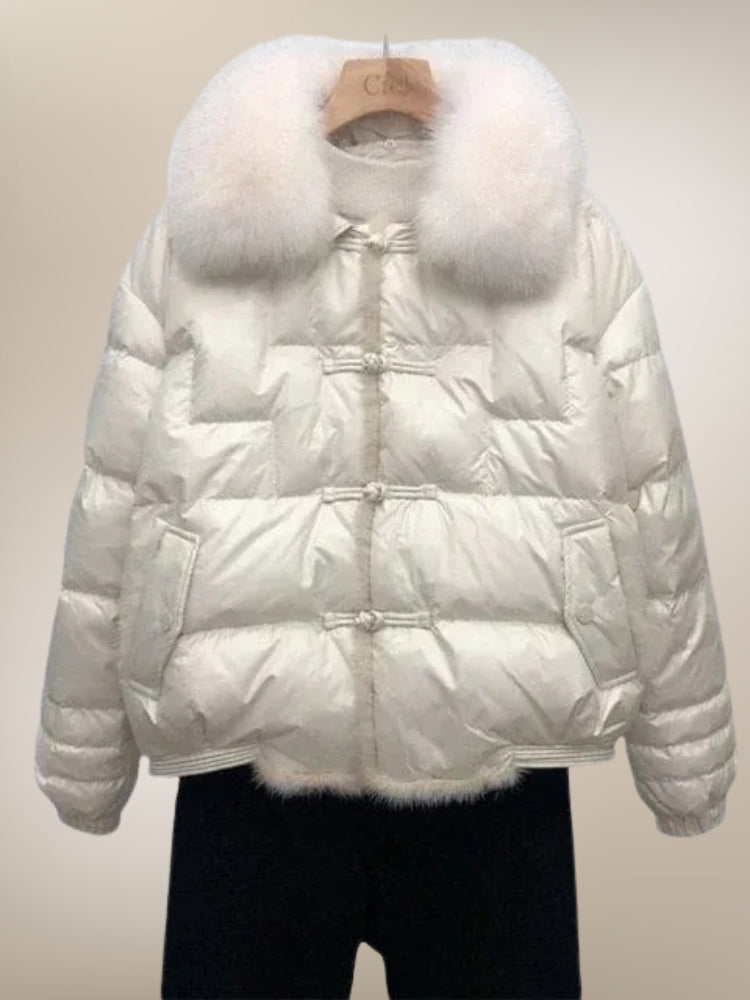 Quilted Puffer Vinterjacka – Glänsande Damjacka med Pälskrage