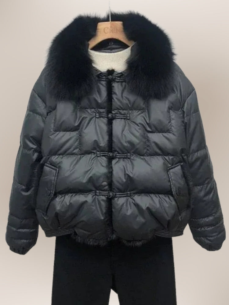 Quilted Puffer Vinterjacka – Glänsande Damjacka med Pälskrage