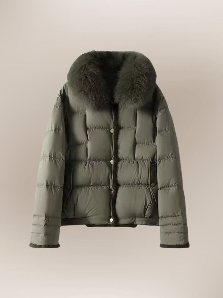 Quilted Puffer Vinterjacka – Glänsande Damjacka med Pälskrage