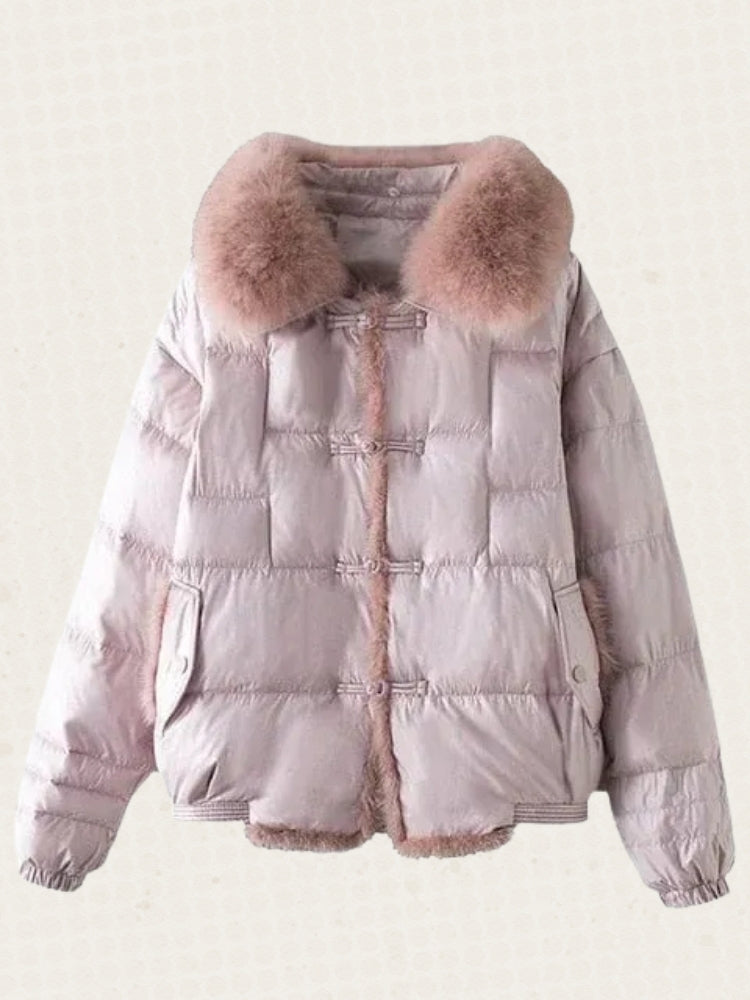 Quilted Puffer Vinterjacka – Glänsande Damjacka med Pälskrage