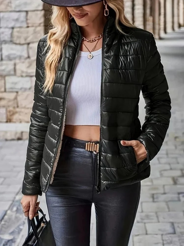 Skinnende dame-puffer-vinterjakke – Let varme til kolde dage