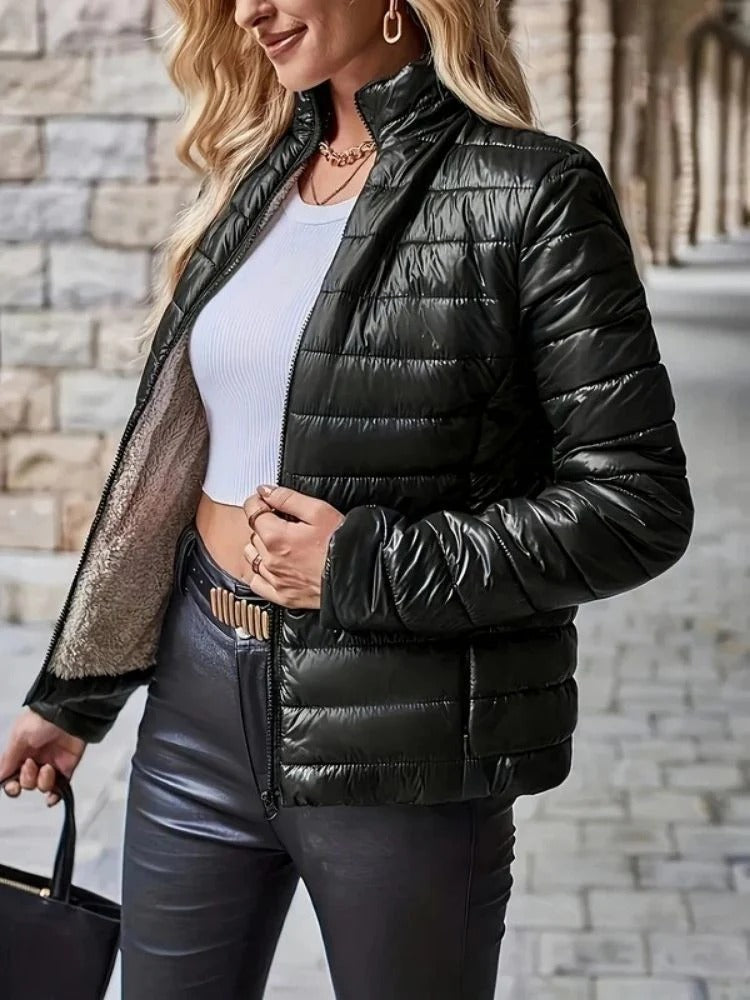 Skinnende dame-puffer-vinterjakke – Let varme til kolde dage