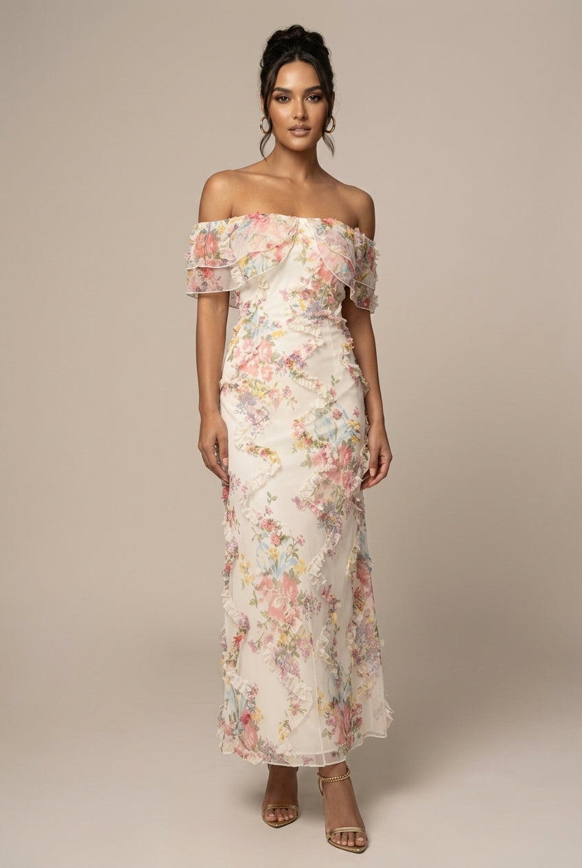 Blommig Maxiklänning för Dam med Off Shoulder-design