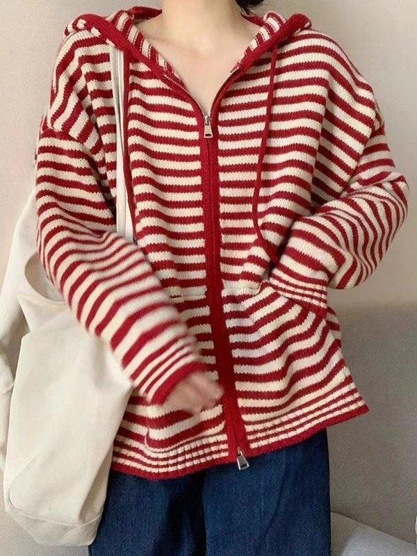 Chic Stribet Cardigan med Hætte og Lynlås