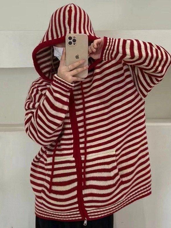 Chic Stribet Cardigan med Hætte og Lynlås
