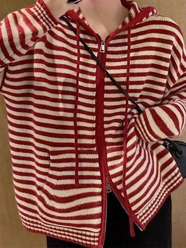 Chic Stribet Cardigan med Hætte og Lynlås