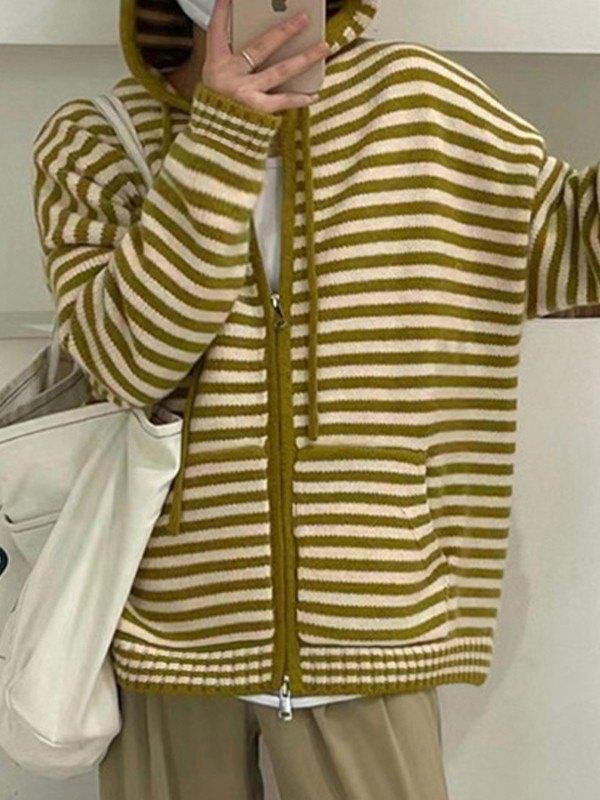 Chic Stribet Cardigan med Hætte og Lynlås