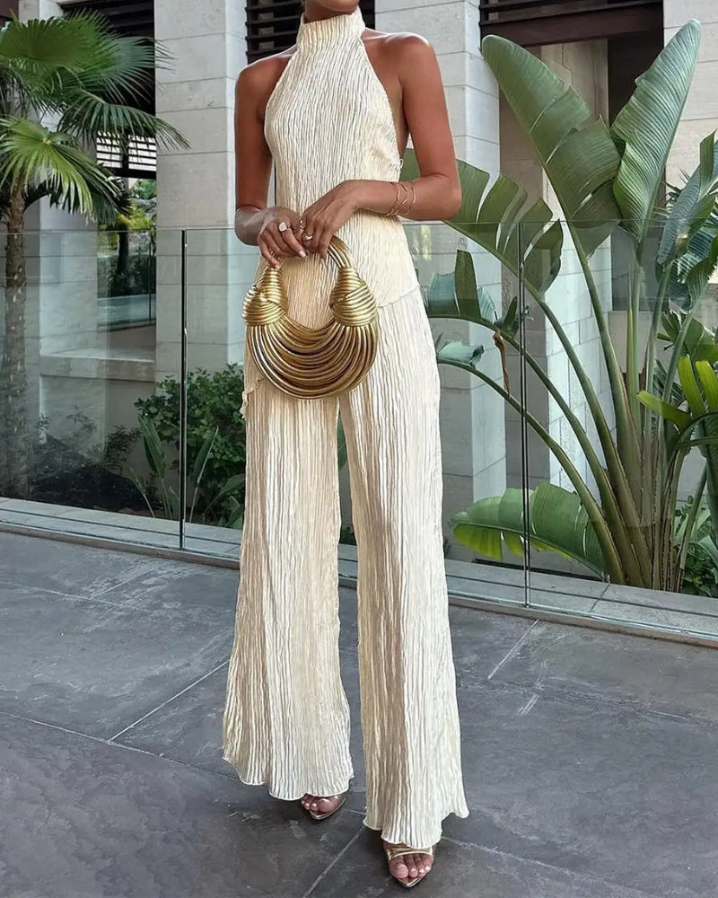 Buksedragt til kvinder – To-delt plisseret sæt med halterneck U-udskæring