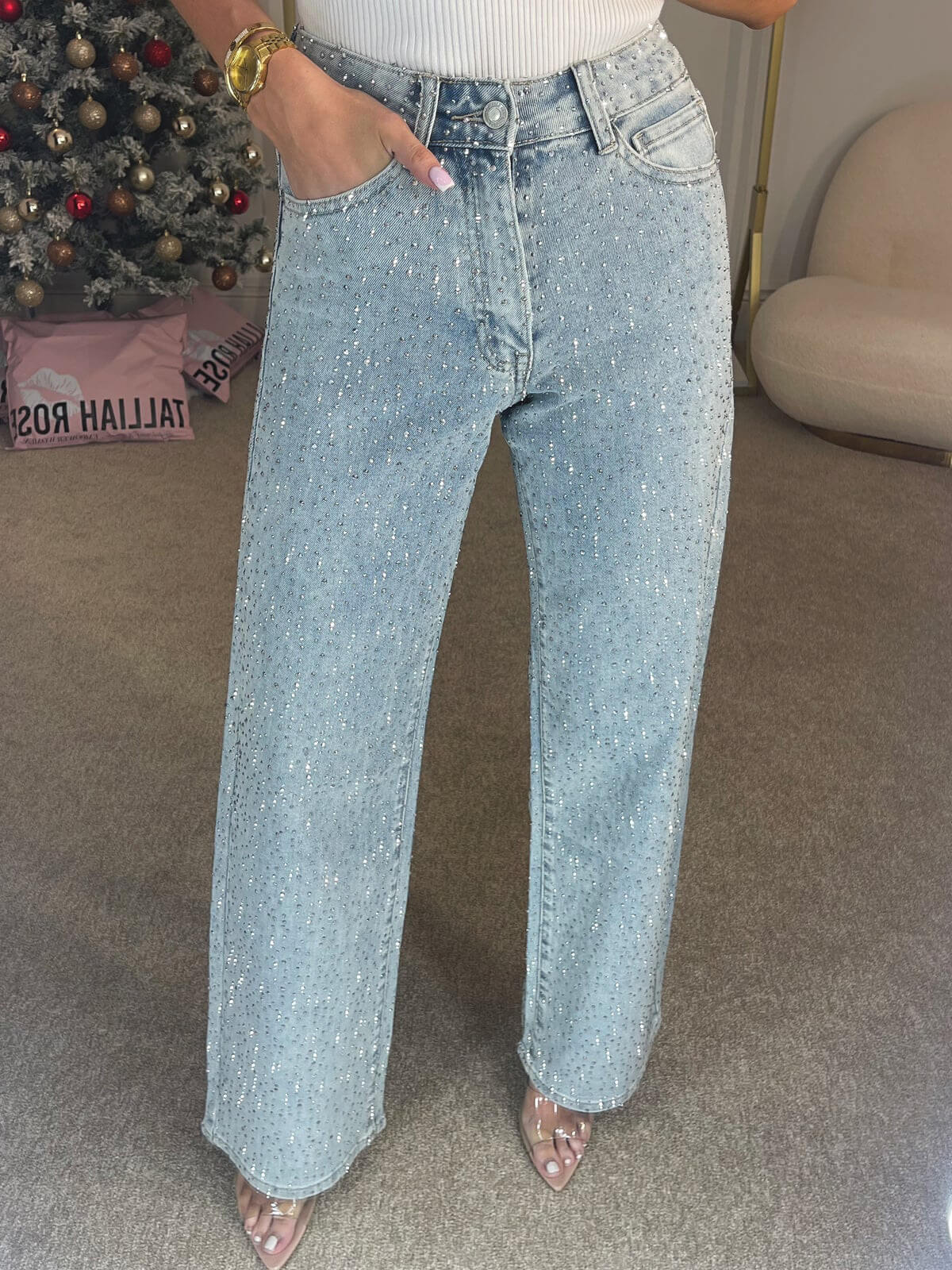 Glittriga damjeans med vida ben