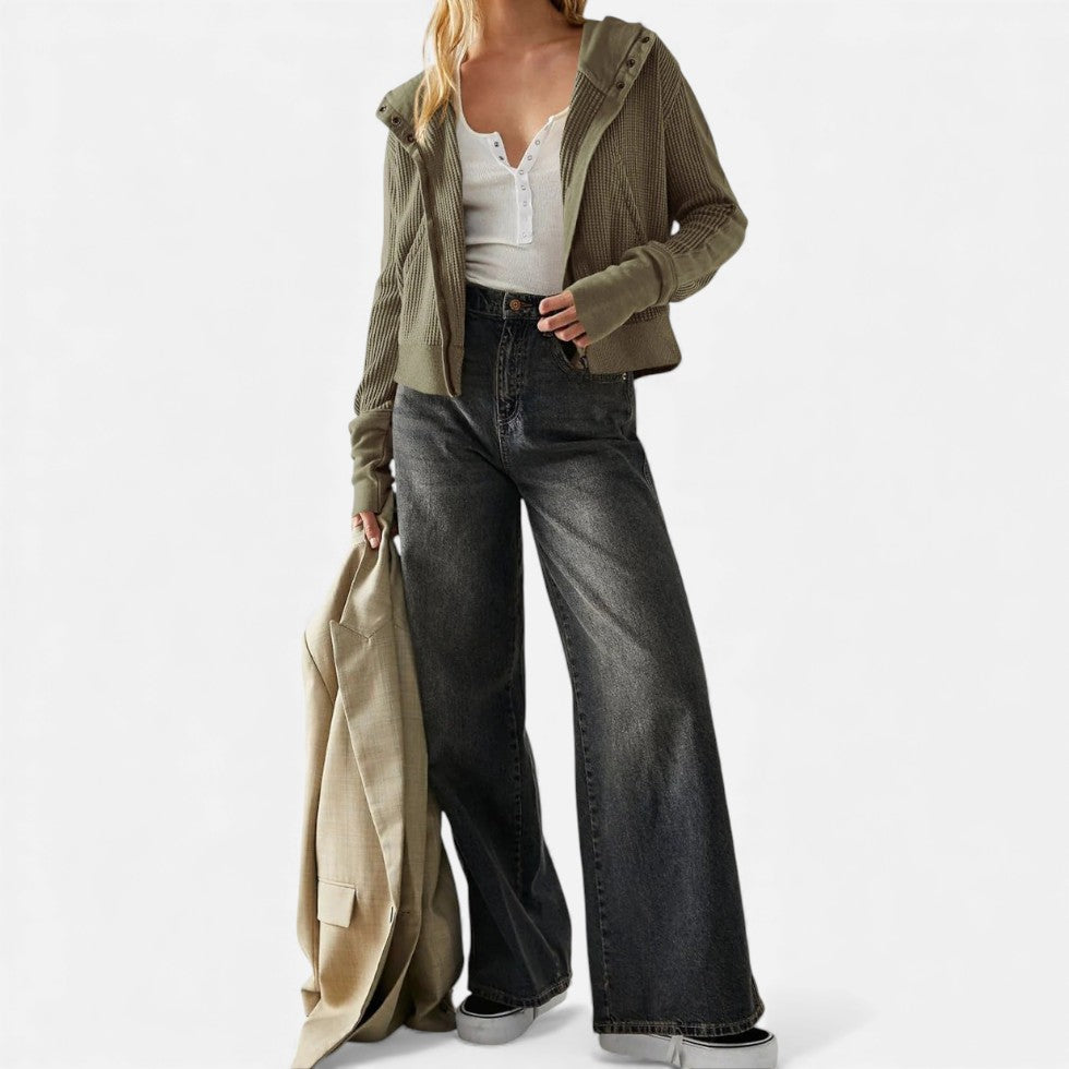 Dame vaffelstrikket hættetrøje