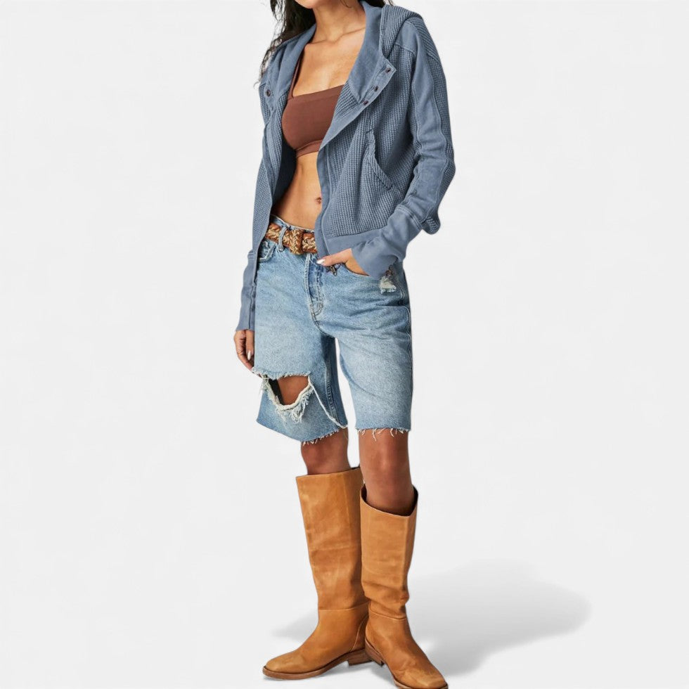 Dame vaffelstrikket hættetrøje