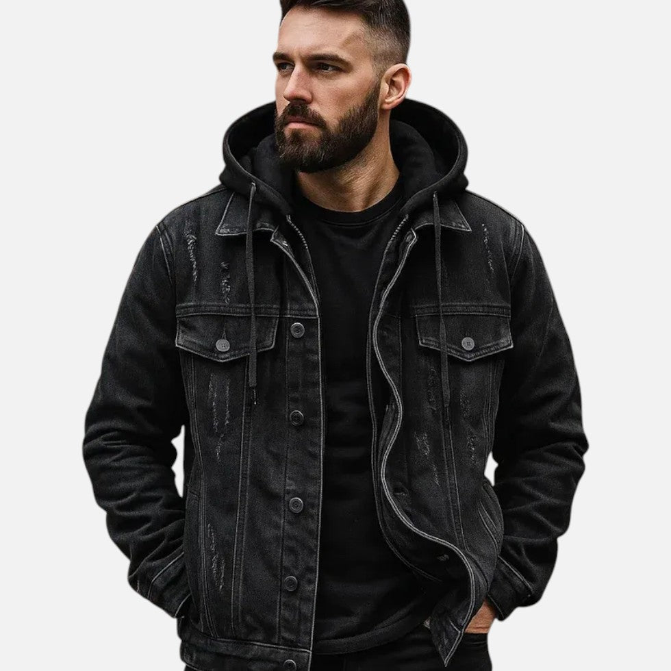 Denimjakke med hætte og aftagelig vest