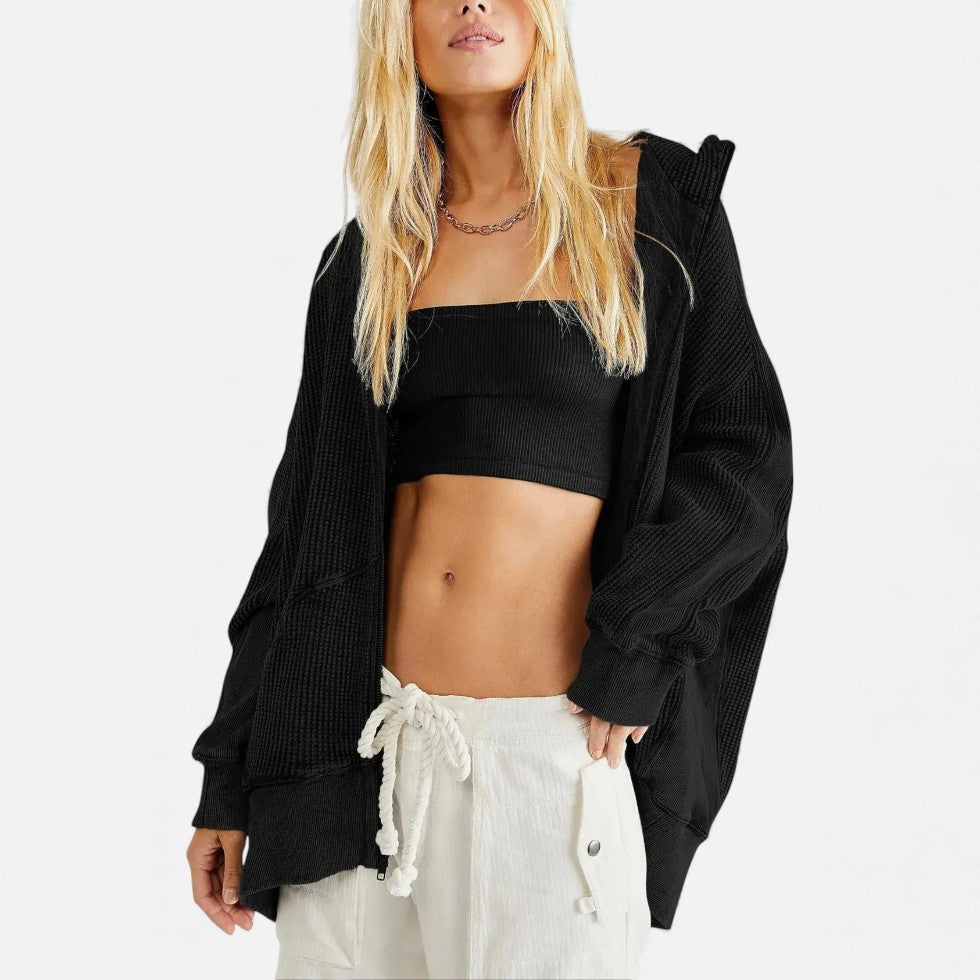 Dame vaffelstrikket hættetrøje