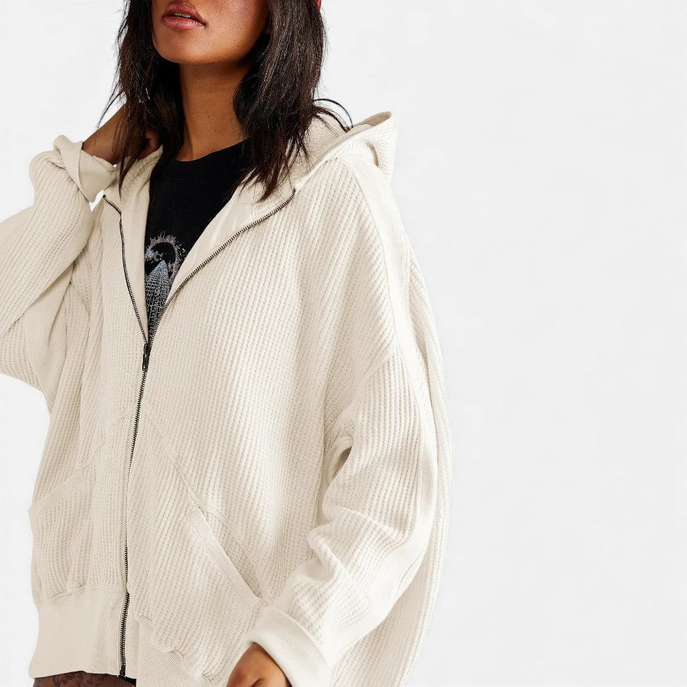 Dame vaffelstrikket hættetrøje