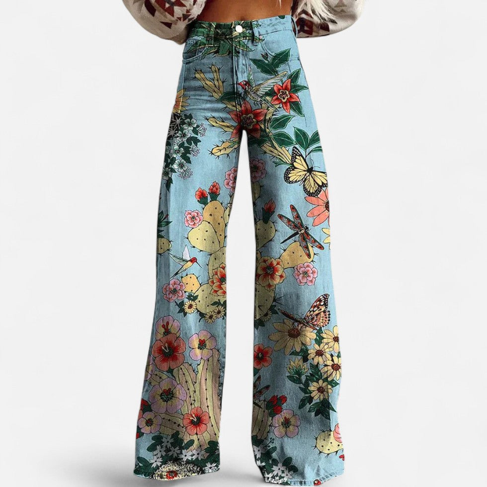 Bredskårne jeans med blomsterprint til kvinder