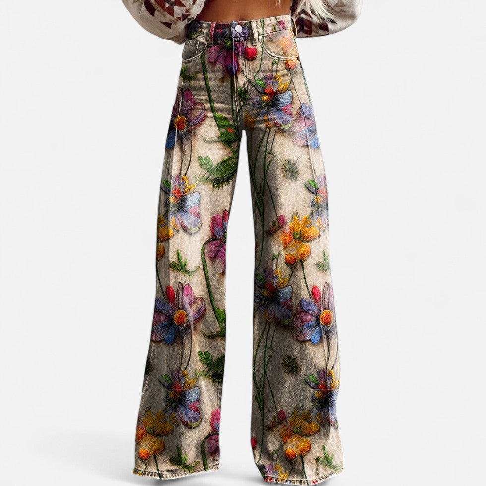 Bredskårne jeans med blomsterprint til kvinder