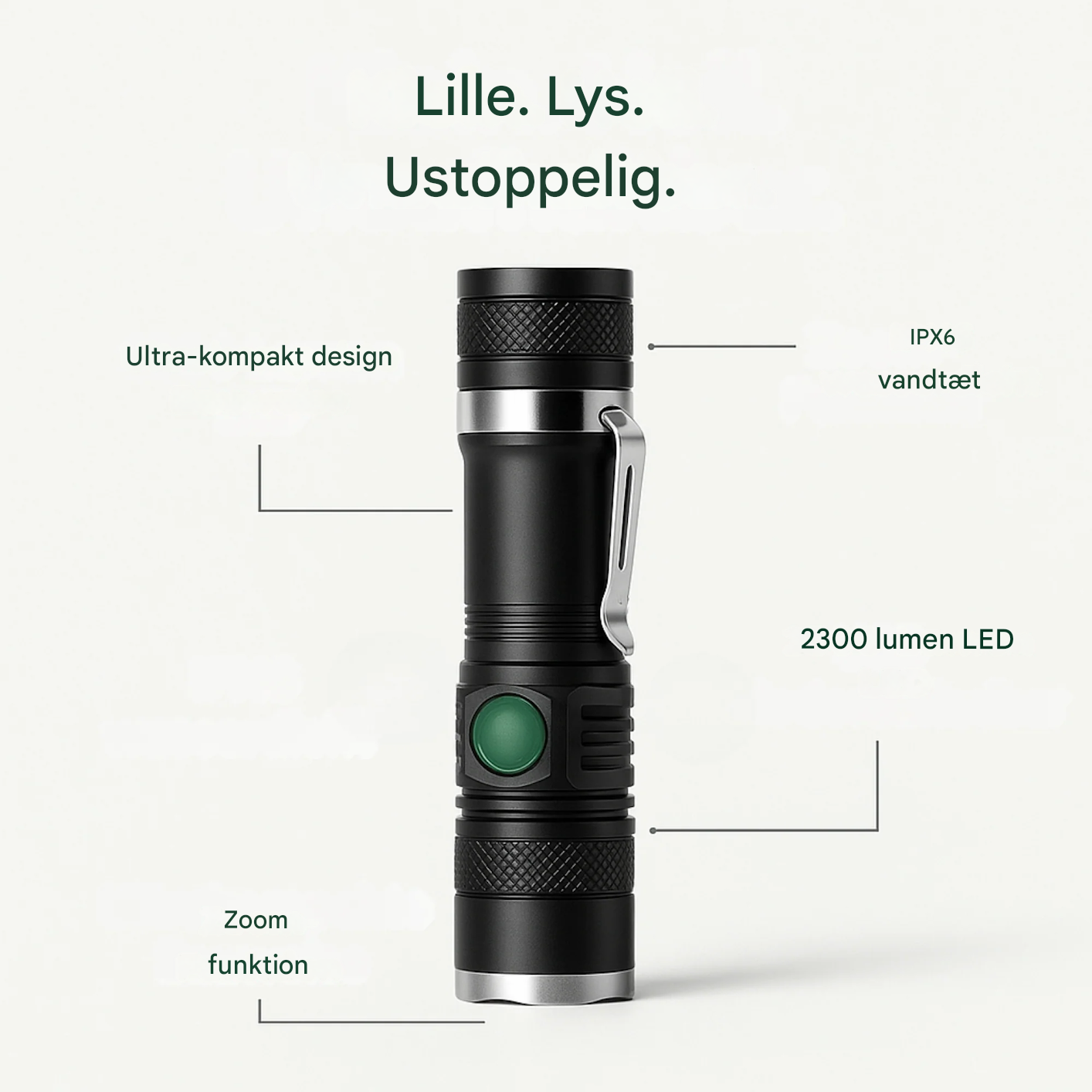 VarmNord – LED lommelygte Outdoor | USB genopladelig IPX6 vandtæt | Kompakt & let til vandreture & camping