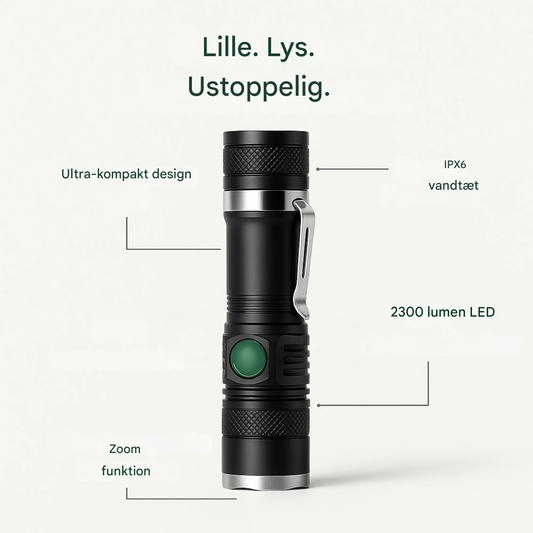 VarmNord – LED lommelygte Outdoor | USB genopladelig IPX6 vandtæt | Kompakt & let til vandreture & camping
