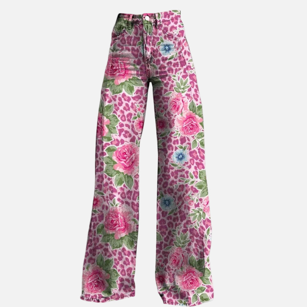 Bredskårne jeans med blomsterprint til kvinder