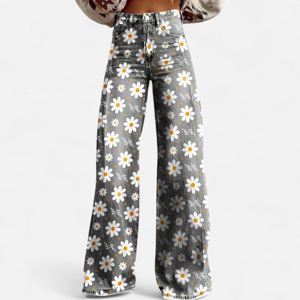 Bredskårne jeans med blomsterprint til kvinder