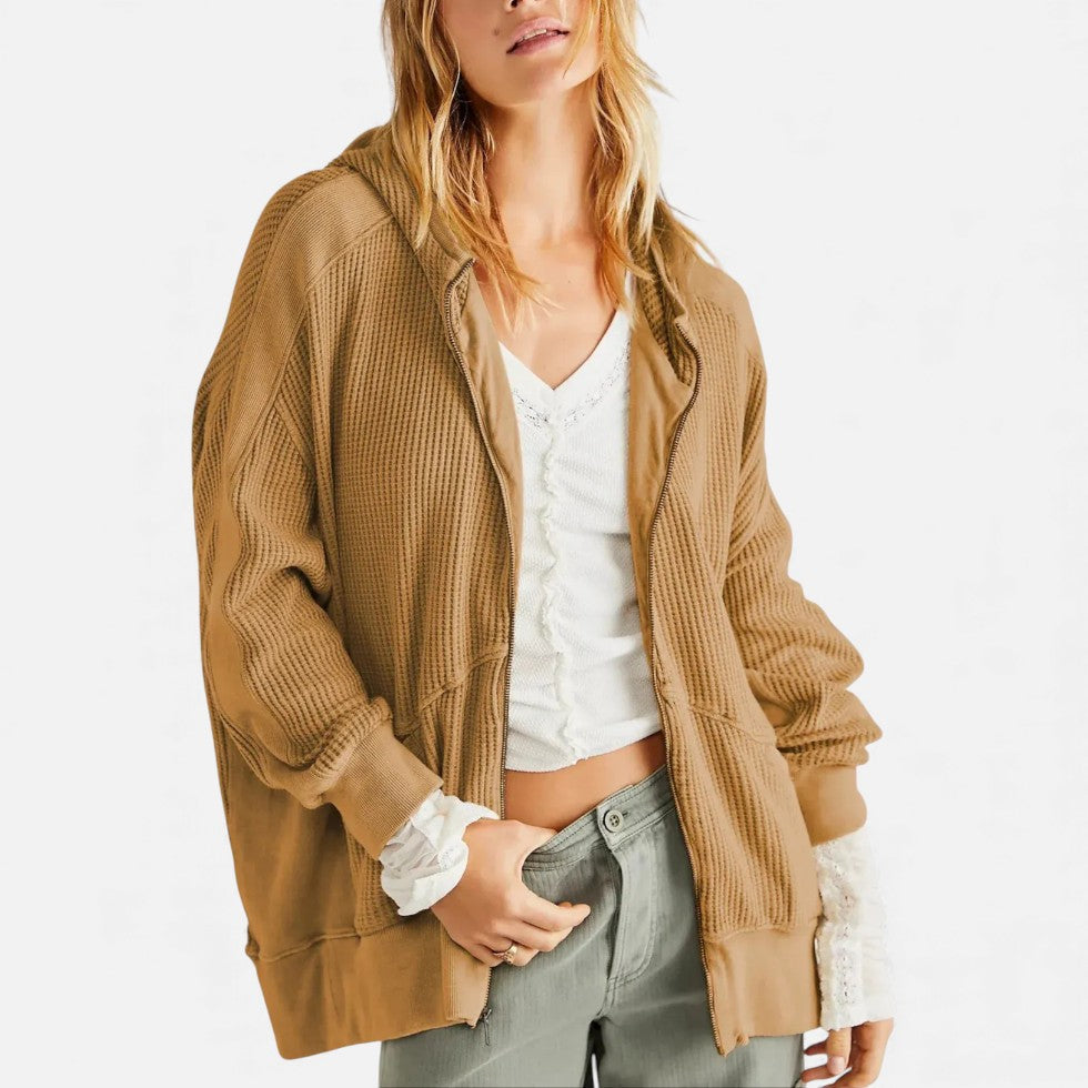 Dame vaffelstrikket hættetrøje