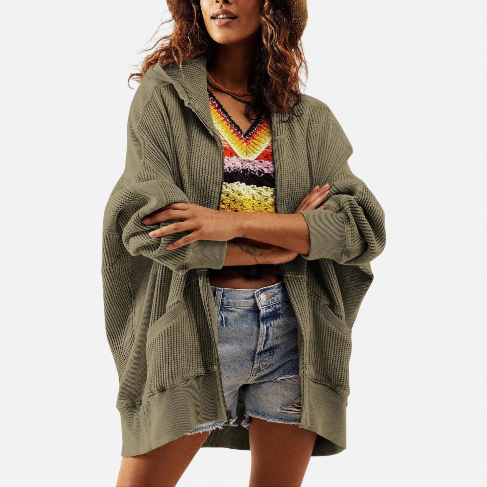 Dame vaffelstrikket hættetrøje