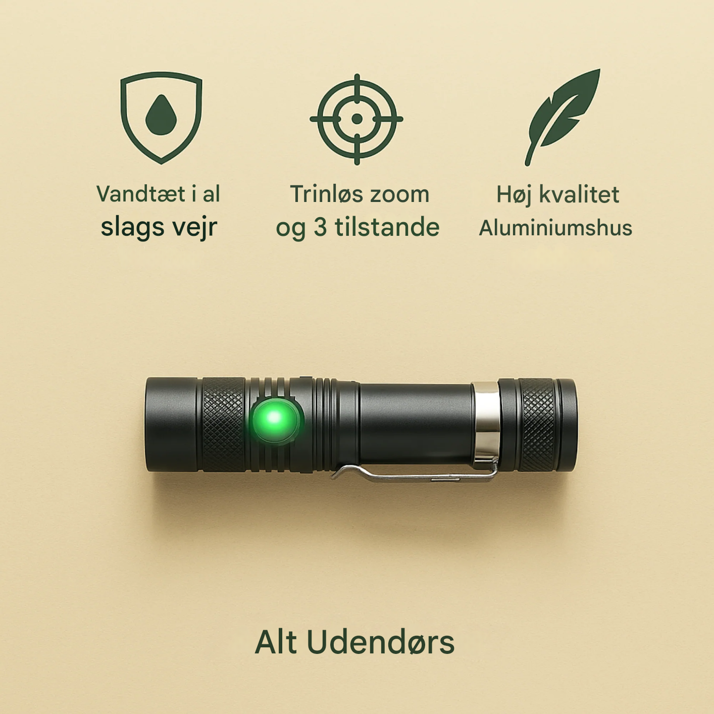 VarmNord – LED lommelygte Outdoor | USB genopladelig IPX6 vandtæt | Kompakt & let til vandreture & camping