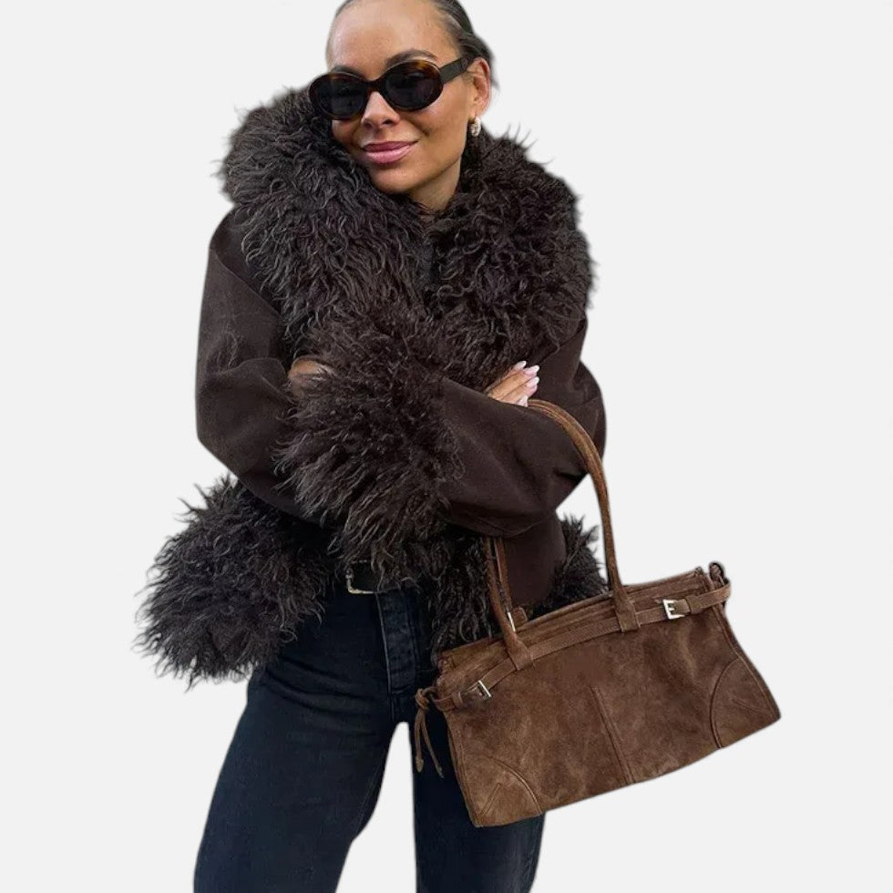 Dame faux fur jakke med bred krave